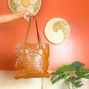 Tory Burch Perforated Logo Leather Tote – Neutral Brown